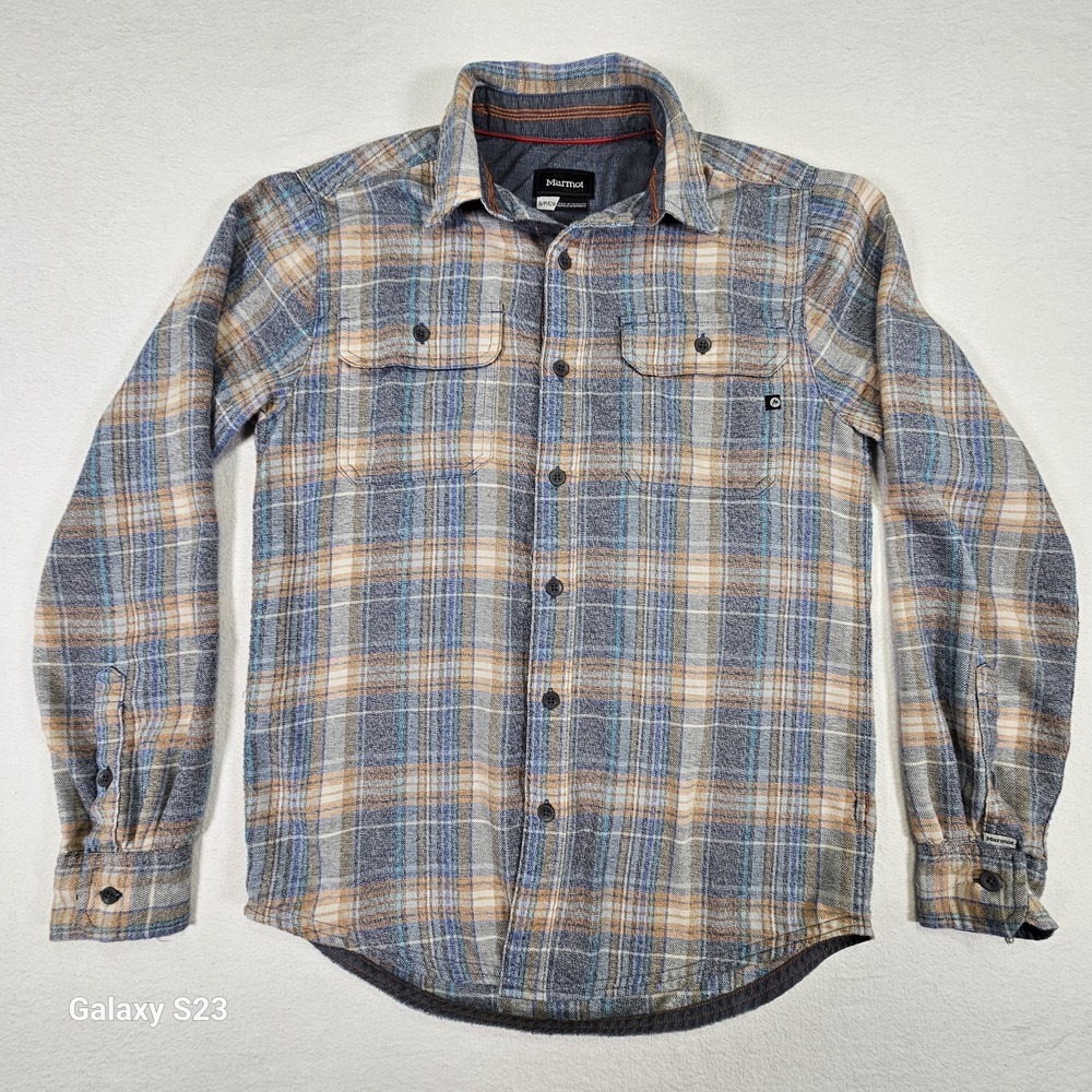 Marmot Flannel Shirt Men's S Blue Yellow Plaid Long Sleeve Collared Button-Up - Picture 3 of 10